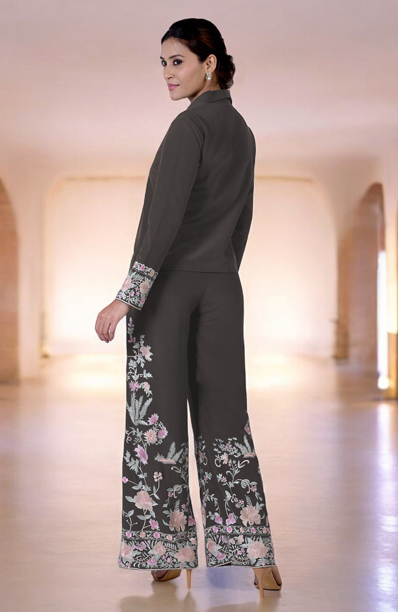 Charcoal grey Parsi Gara embroidered co-ord set with a high-low top and wide-leg pants.