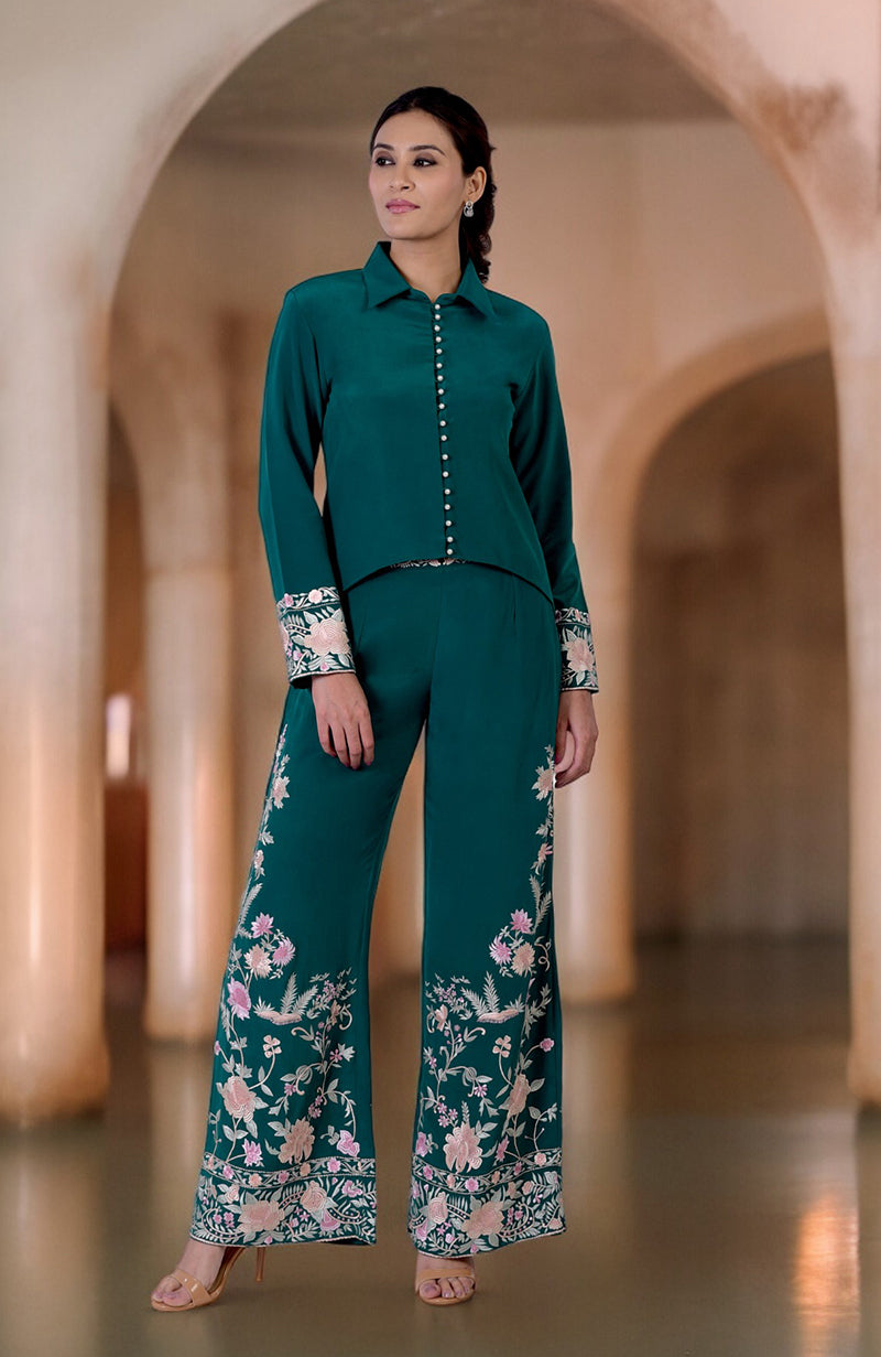 Green Parsi Gara embroidered co-ord set with a high-low top and wide-leg pants.
