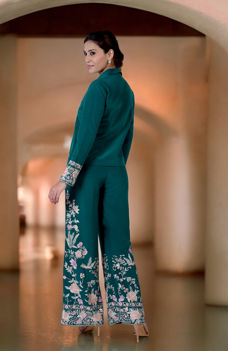 Green Parsi Gara embroidered co-ord set with a high-low top and wide-leg pants.