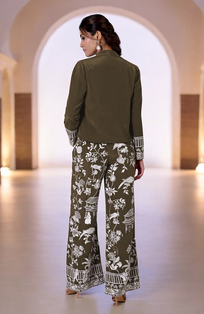 A woman from behind wears an olive Parsi Gara embroidered co-ord set.