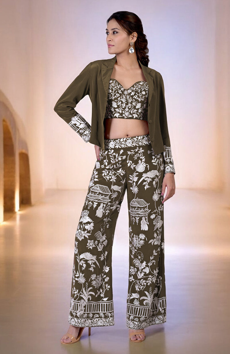 Olive Parsi Gara embroidered co-ord set with a corset, pants, and jacket.