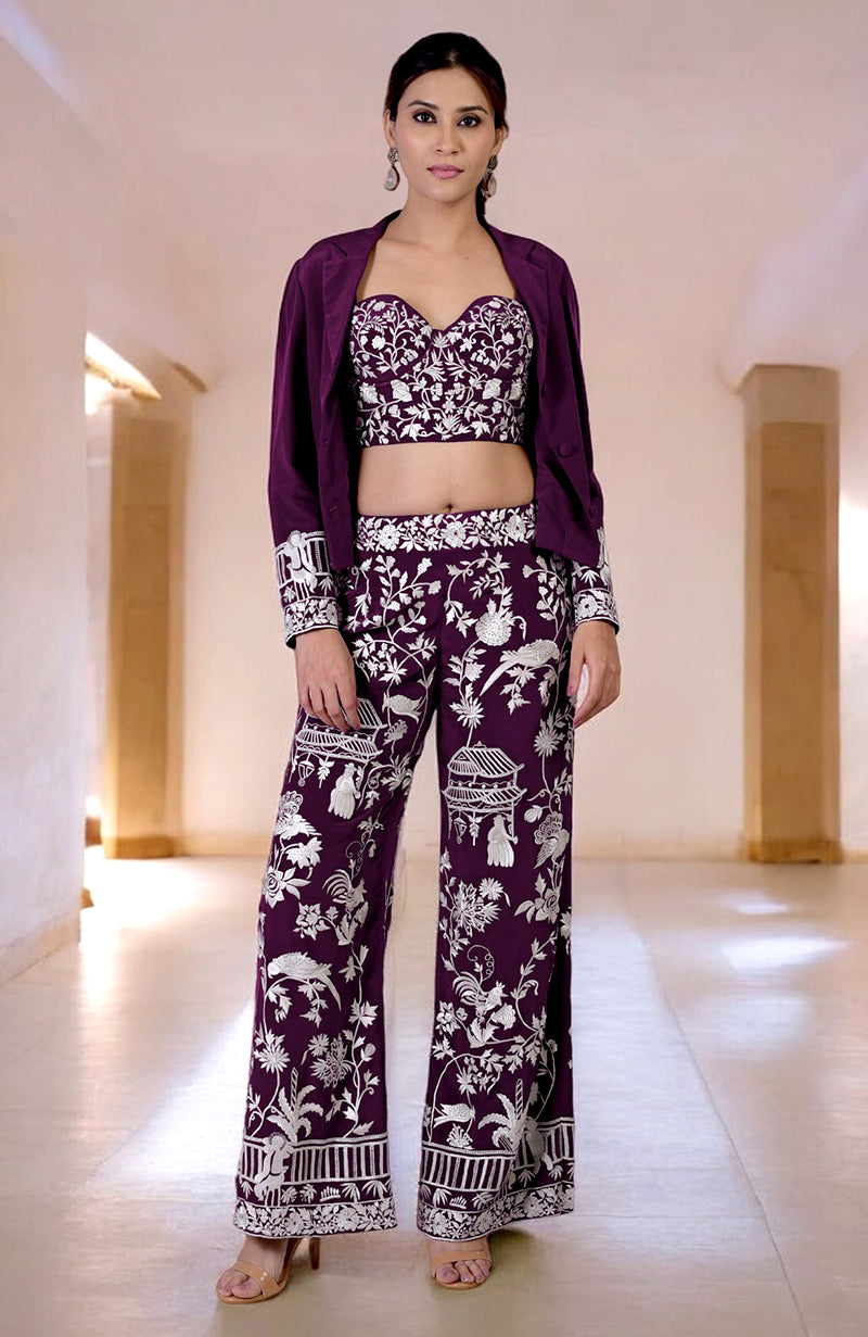 Plum Parsi Gara embroidered co-ord set with a corset, pants, and jacket.