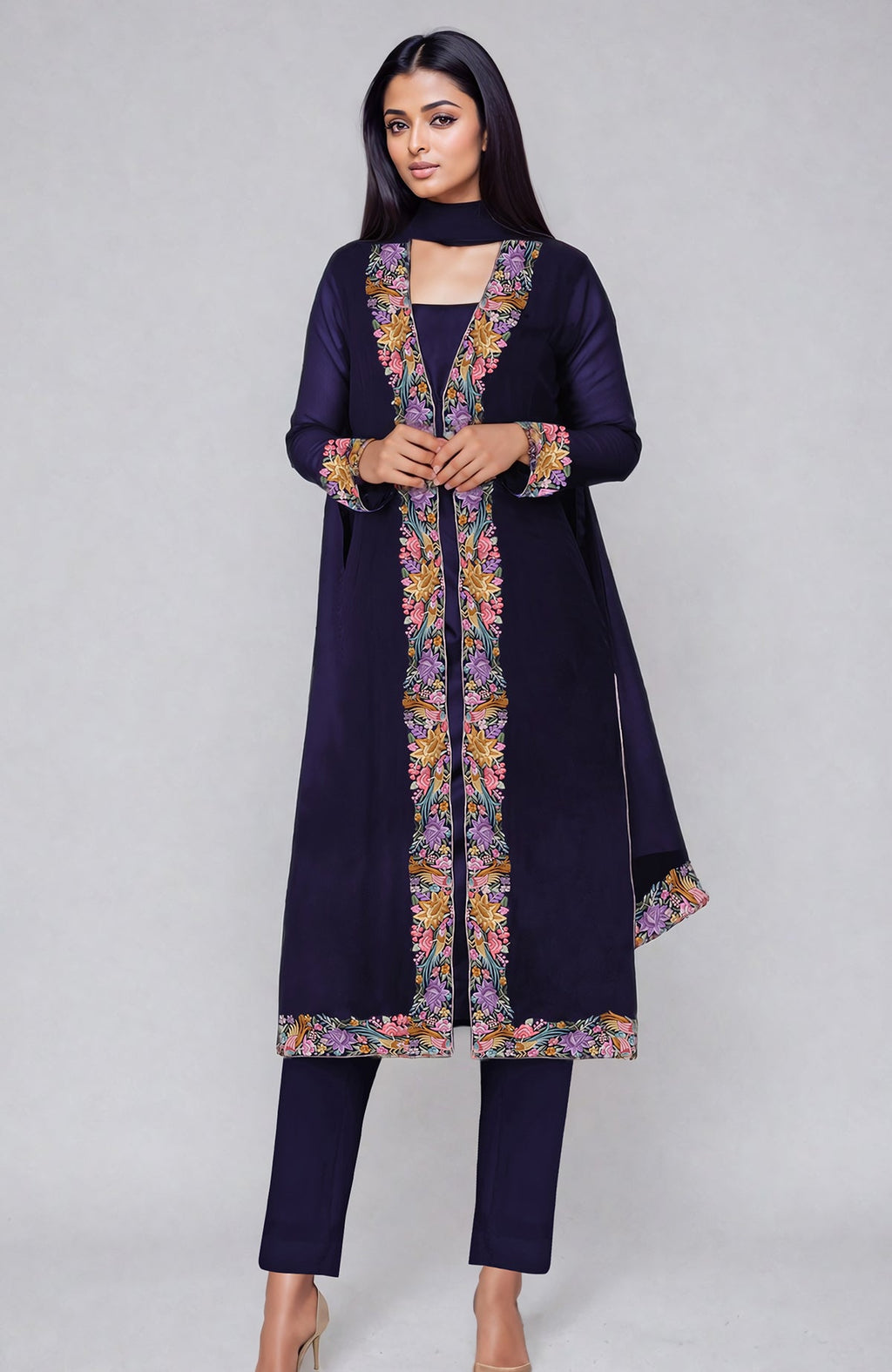 Navy blue Parsi Gara embroidered overlay suit with matching pants and dupatta.
