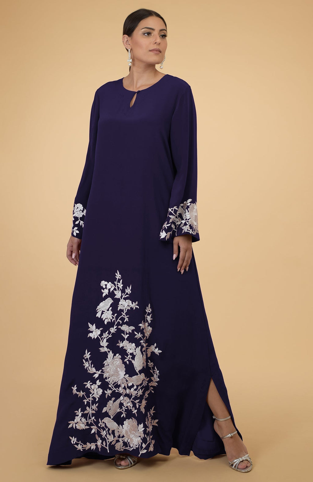 Eclipse blue floral and birds embroidered kaftan with side slits.