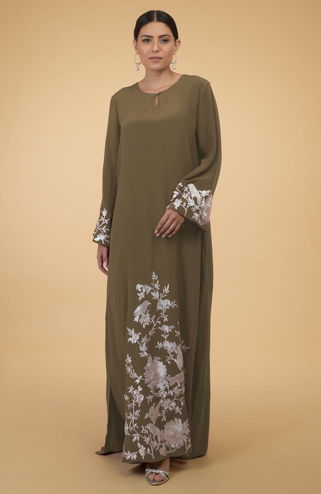 Olive floral and birds embroidered kaftan with a round neck and full sleeves.