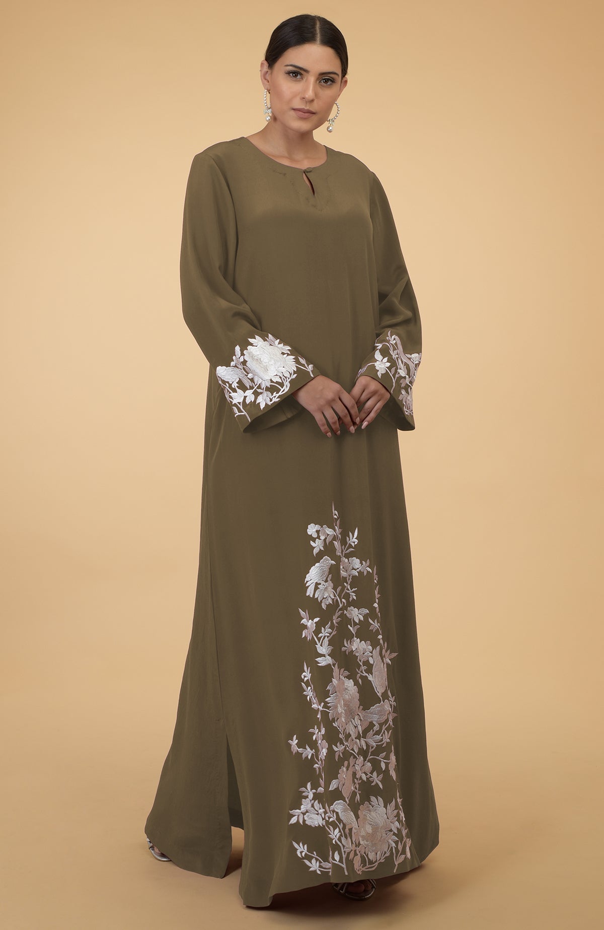 Olive floral and birds embroidered kaftan with a round neck and side slits.