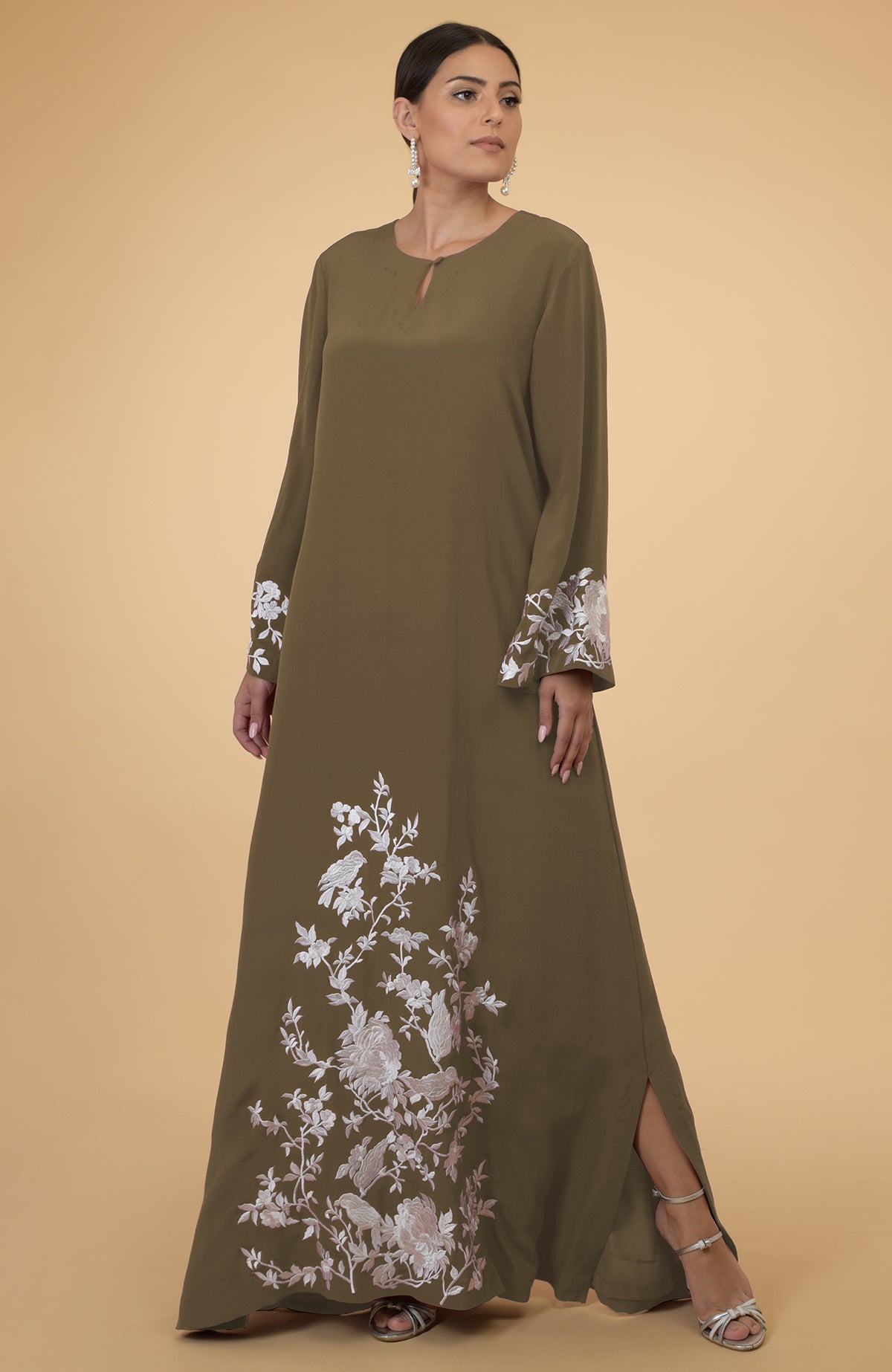 Burgundy-ivory floral and birds embroidered kaftan with side slits.