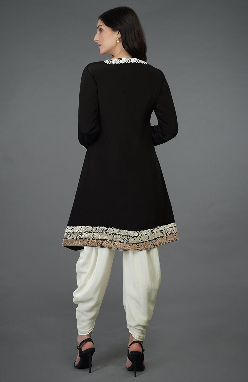 Black Parsi Gara embroidered Patiala pants suit with ivory cowl Patiala salwar.