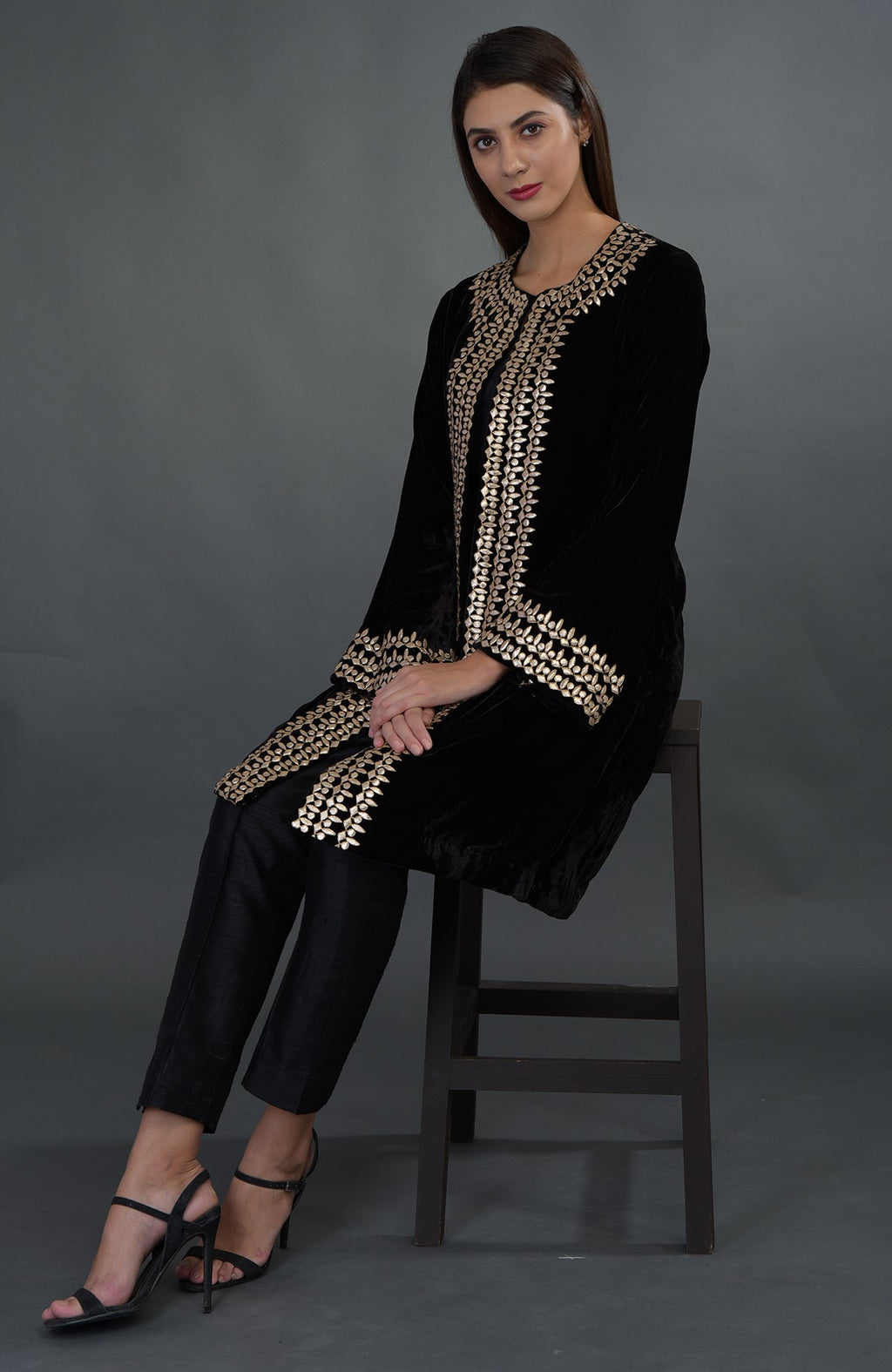 Black silk velvet jacket with rose gold gota patti hand embroidery.