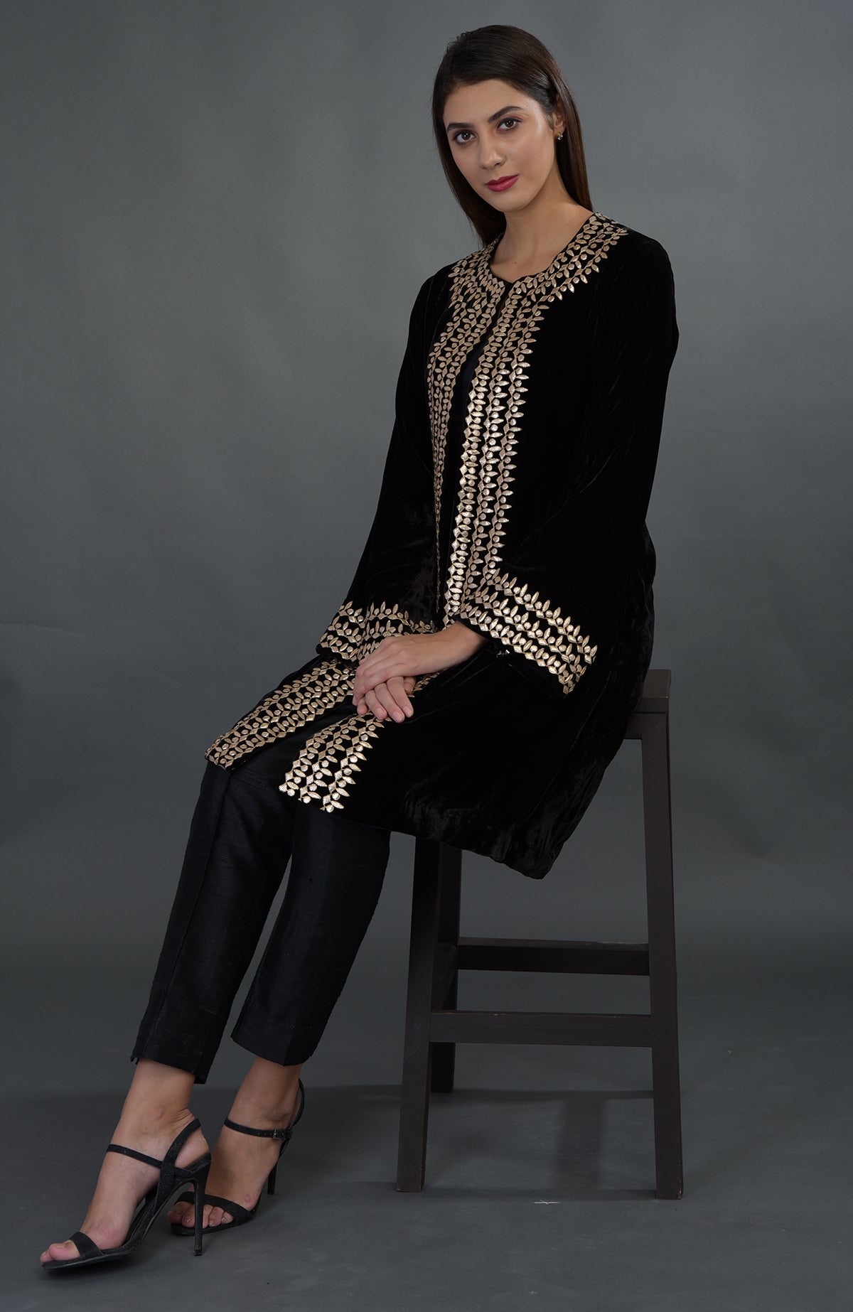 Black silk velvet jacket with rose gold gota patti hand embroidery.