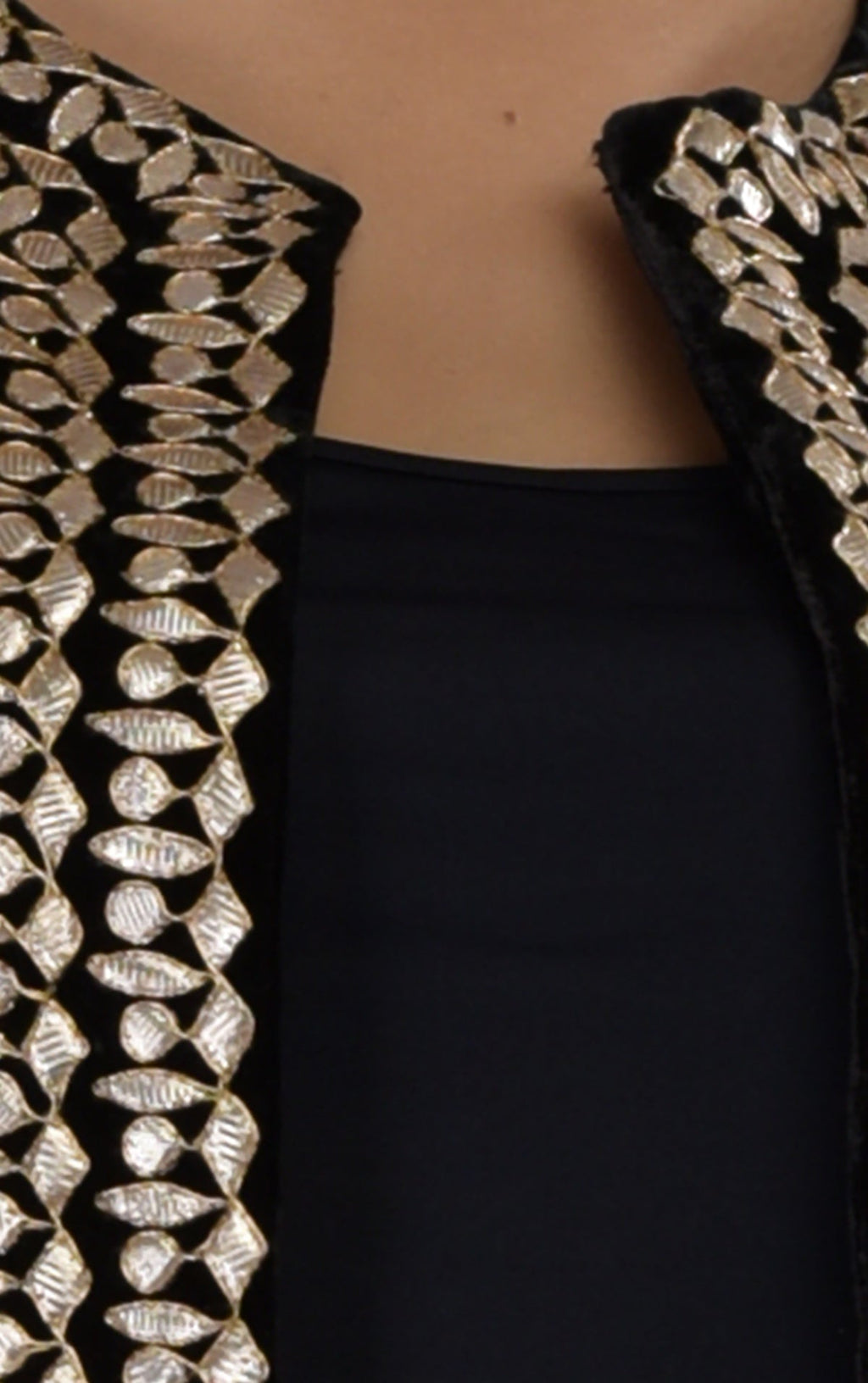 Black silk velvet jacket with rose gold gota patti hand embroidery.