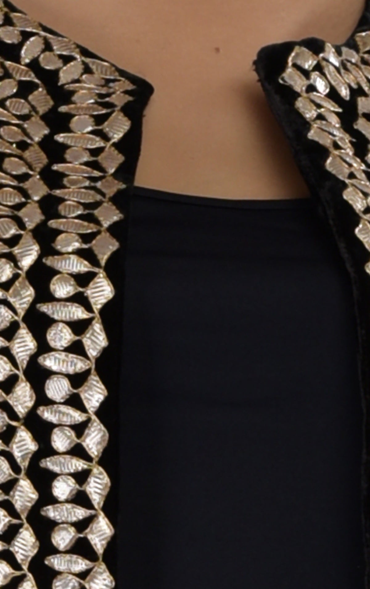 Black silk velvet jacket with rose gold gota patti hand embroidery.