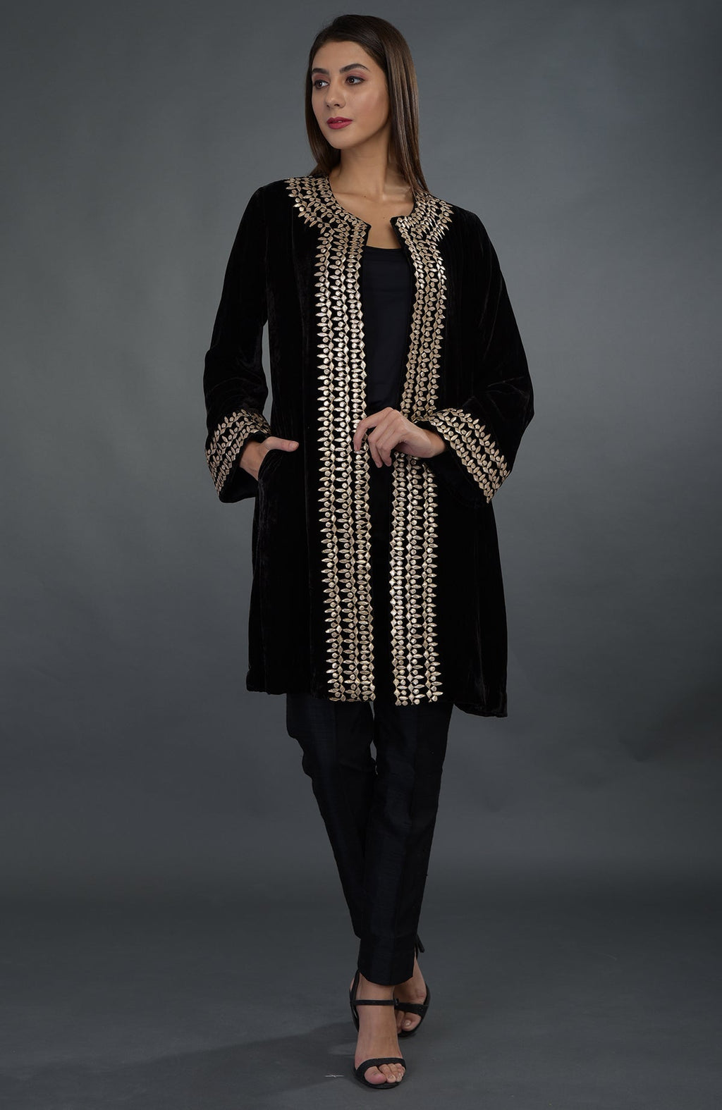 Black silk velvet jacket with rose gold gota patti hand embroidery.