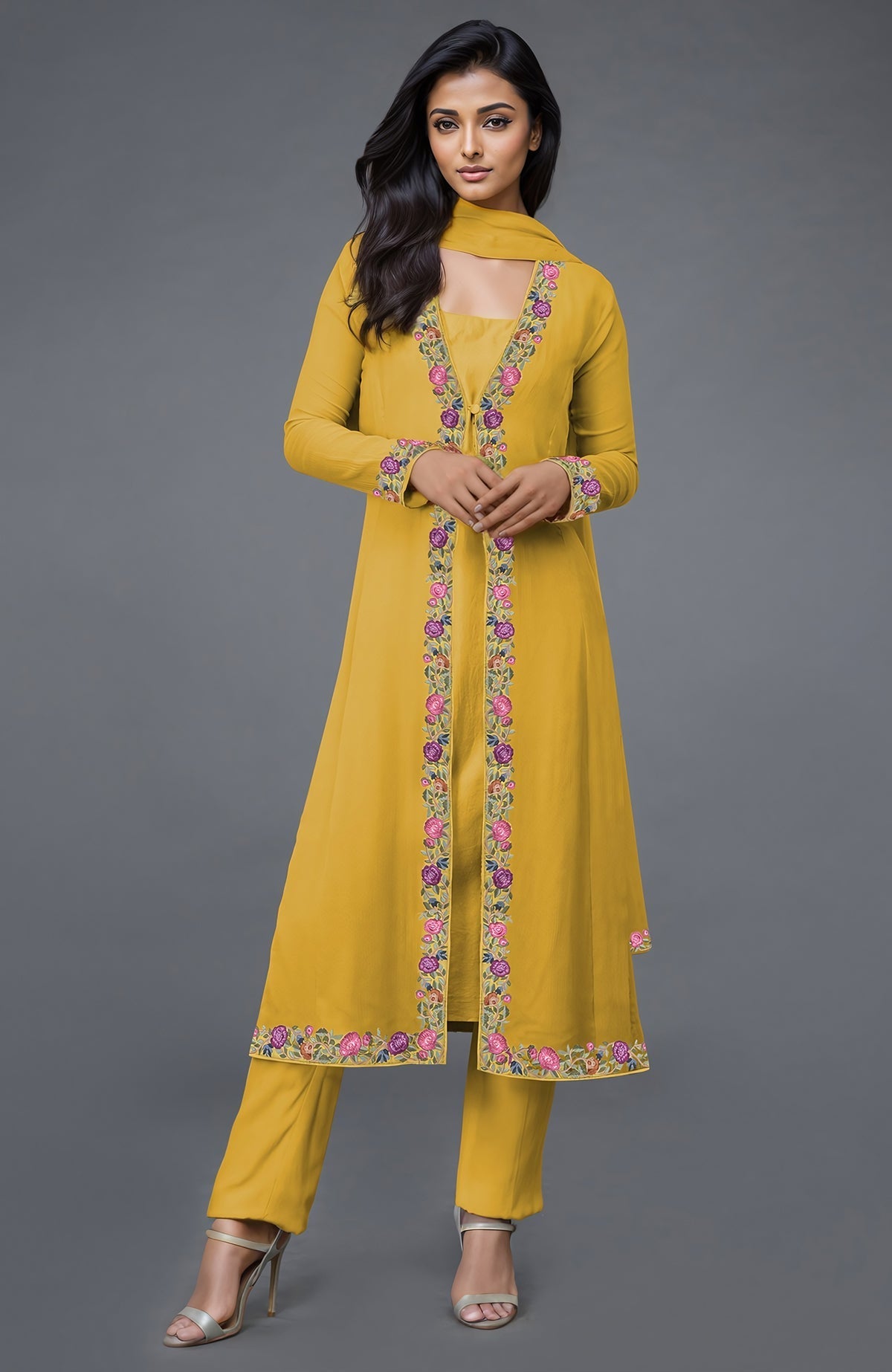 A woman models a calendula yellow Parsi Gara embroidered overlay suit with matching pants.