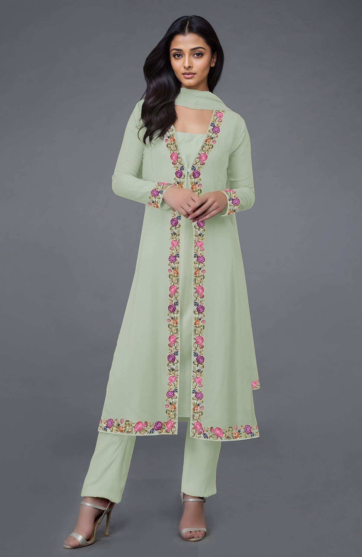 Sage green Parsi Gara embroidered overlay suit with floral details.