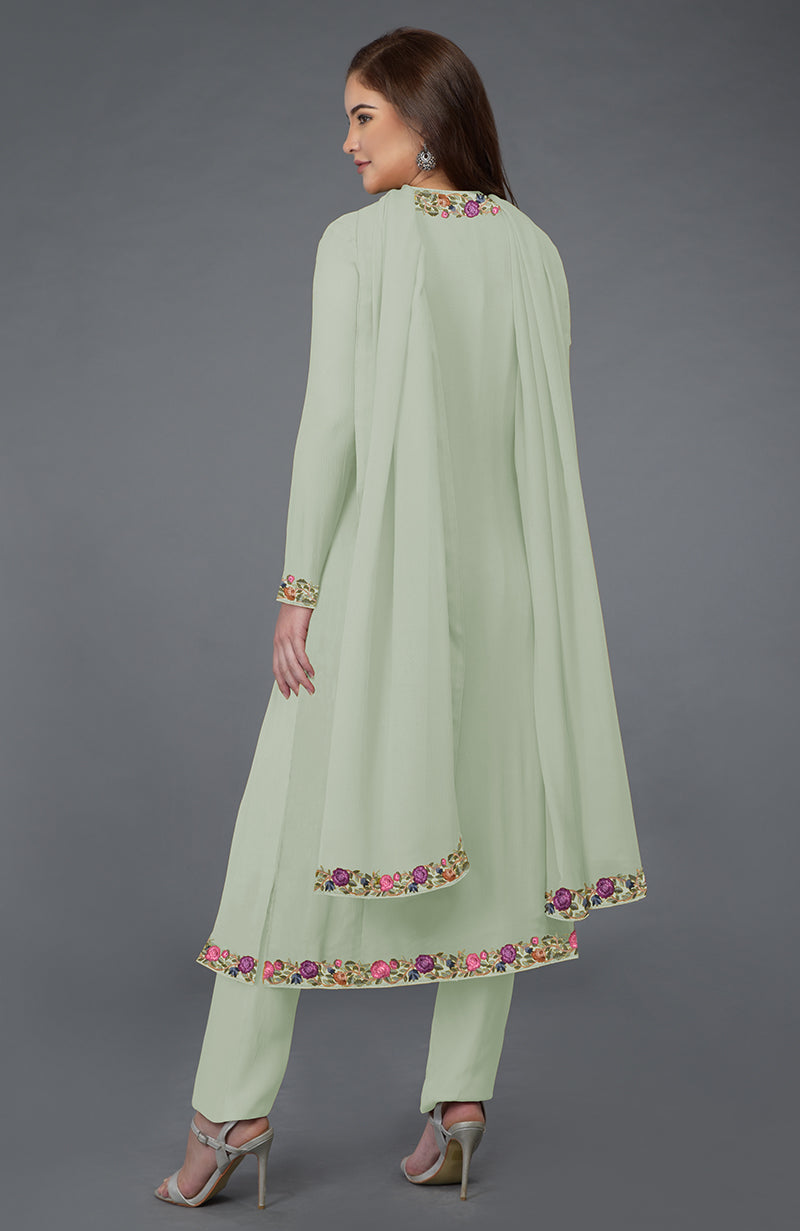 Sage green Parsi Gara embroidered overlay suit with floral details.