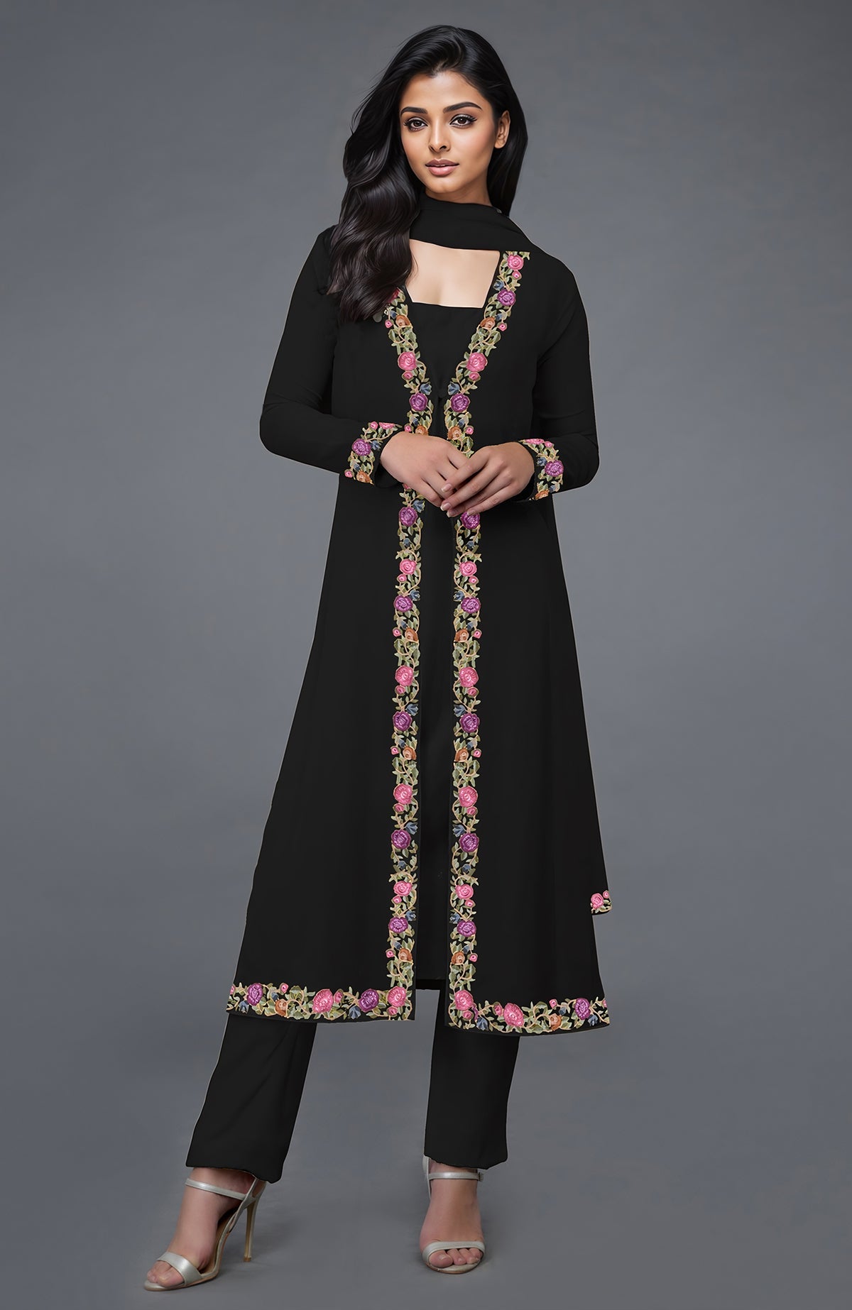 Black Parsi Gara embroidered overlay suit with floral borders and matching pants.