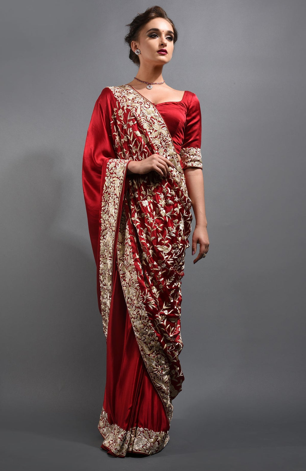 Red-beige Parsi Gara hand-embroidered pure satin silk saree with floral and bird motifs.