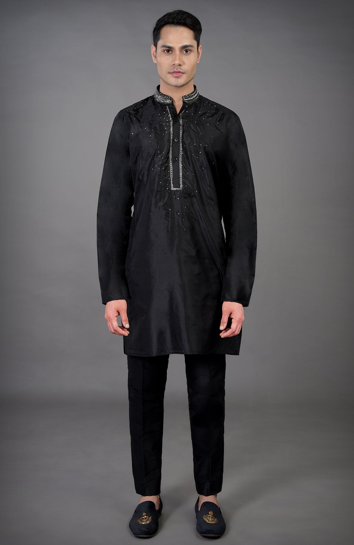 Black raw silk Indo-Western jacket set with hand embroidery.