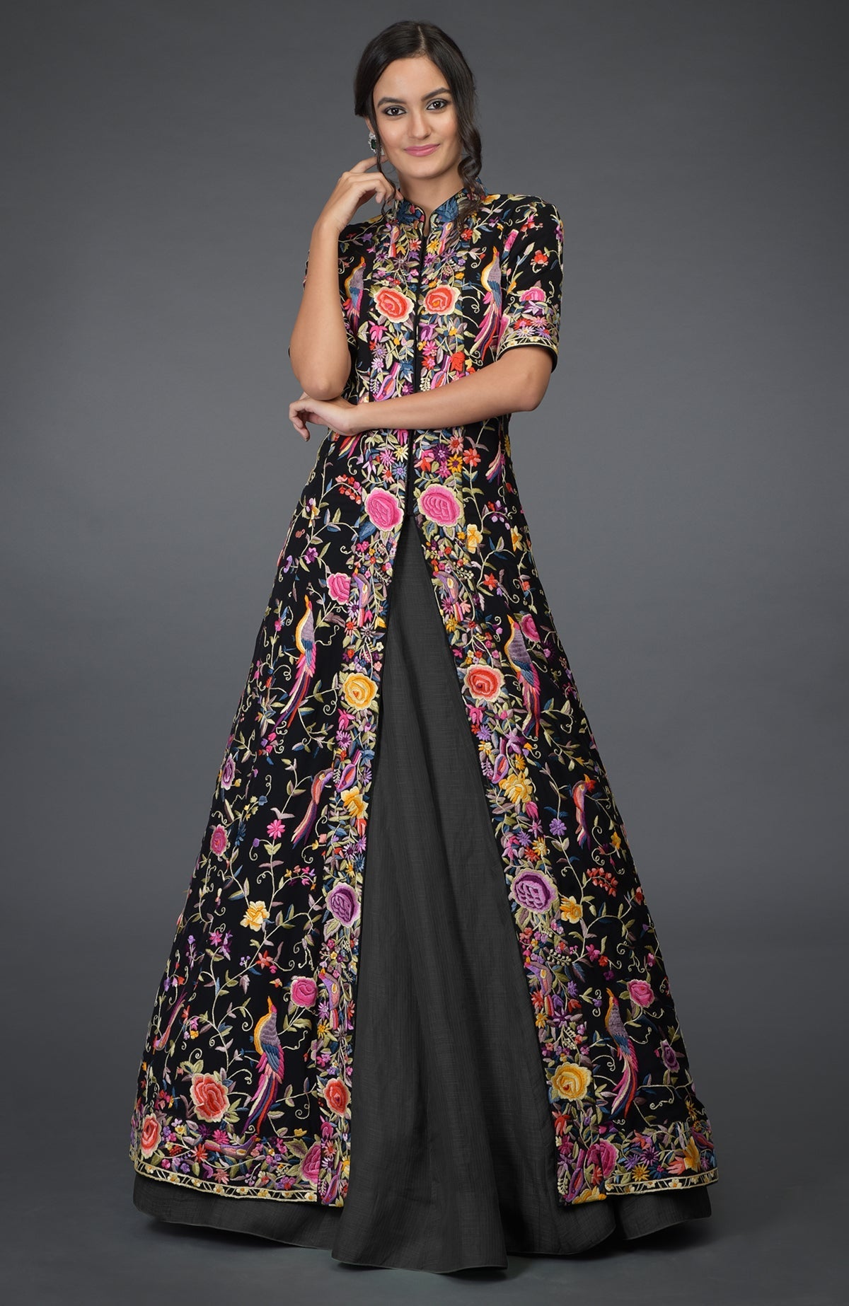 Black flared jacket with multicolor Parsi Gara embroidery and elephant grey skirt set
