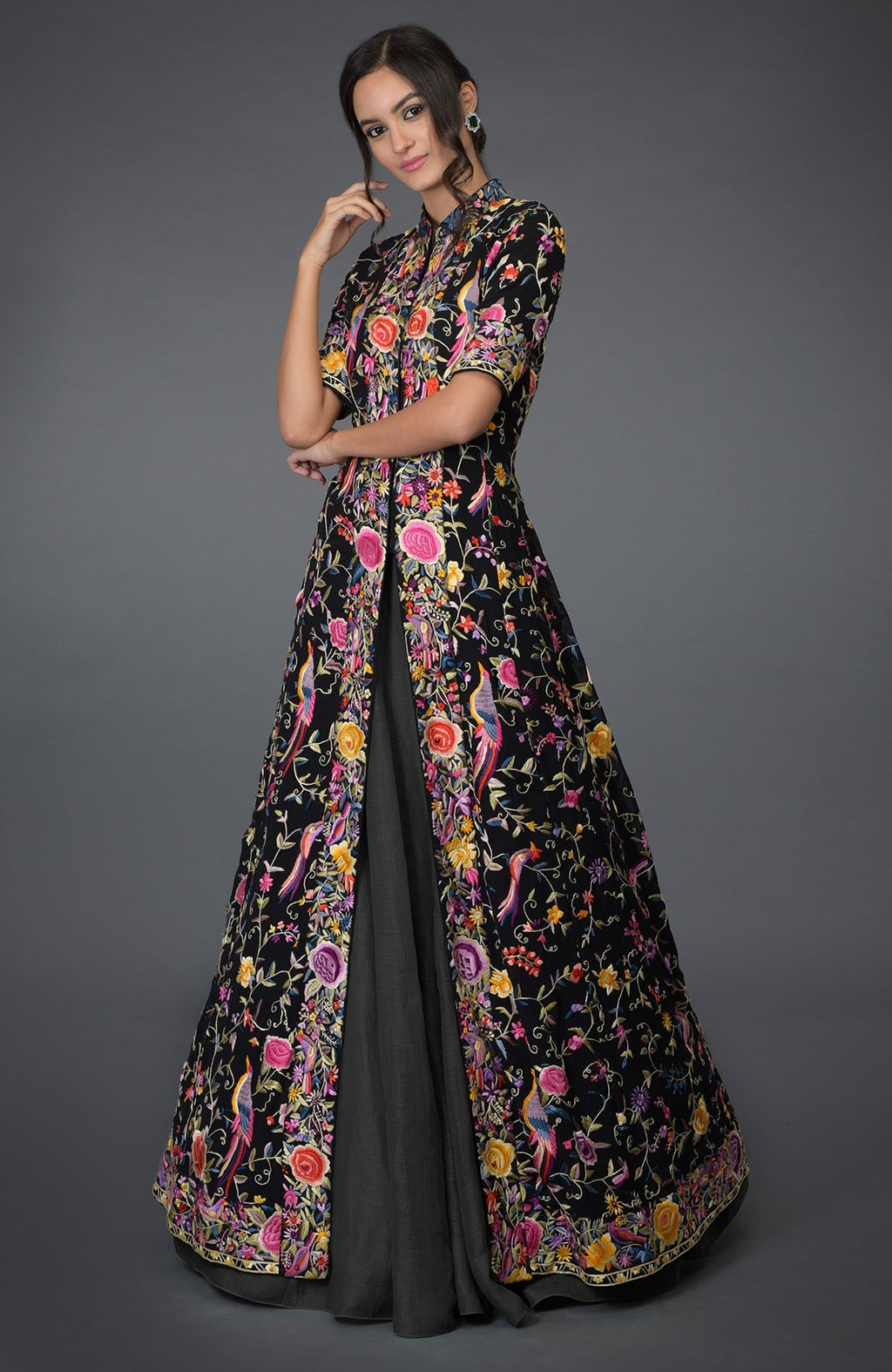 Black flared jacket with multicolor Parsi Gara embroidery and elephant grey skirt set