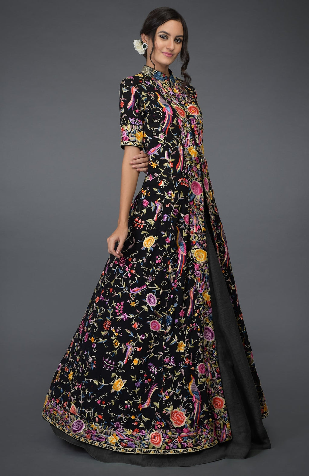 Black flared jacket with multicolor Parsi Gara embroidery and grey fitted skirt set