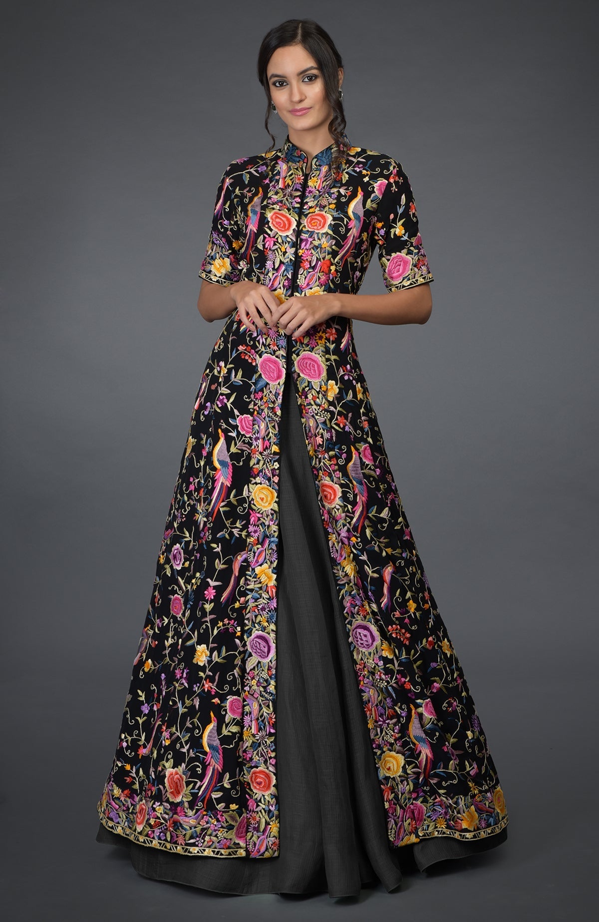 Black Parsi Gara embroidered flared jacket with multicolor bird motifs and elephant grey skirt
