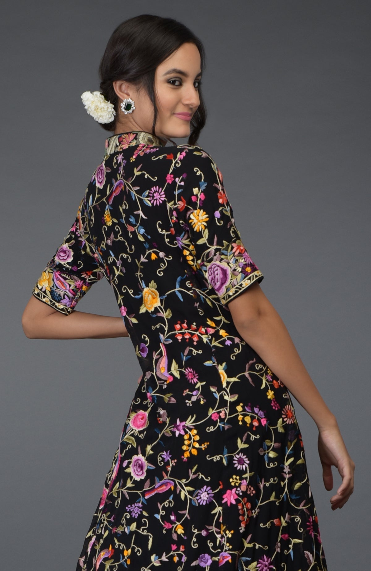 Black flared jacket with multicolor Parsi Gara embroidery paired with elephant grey skirt