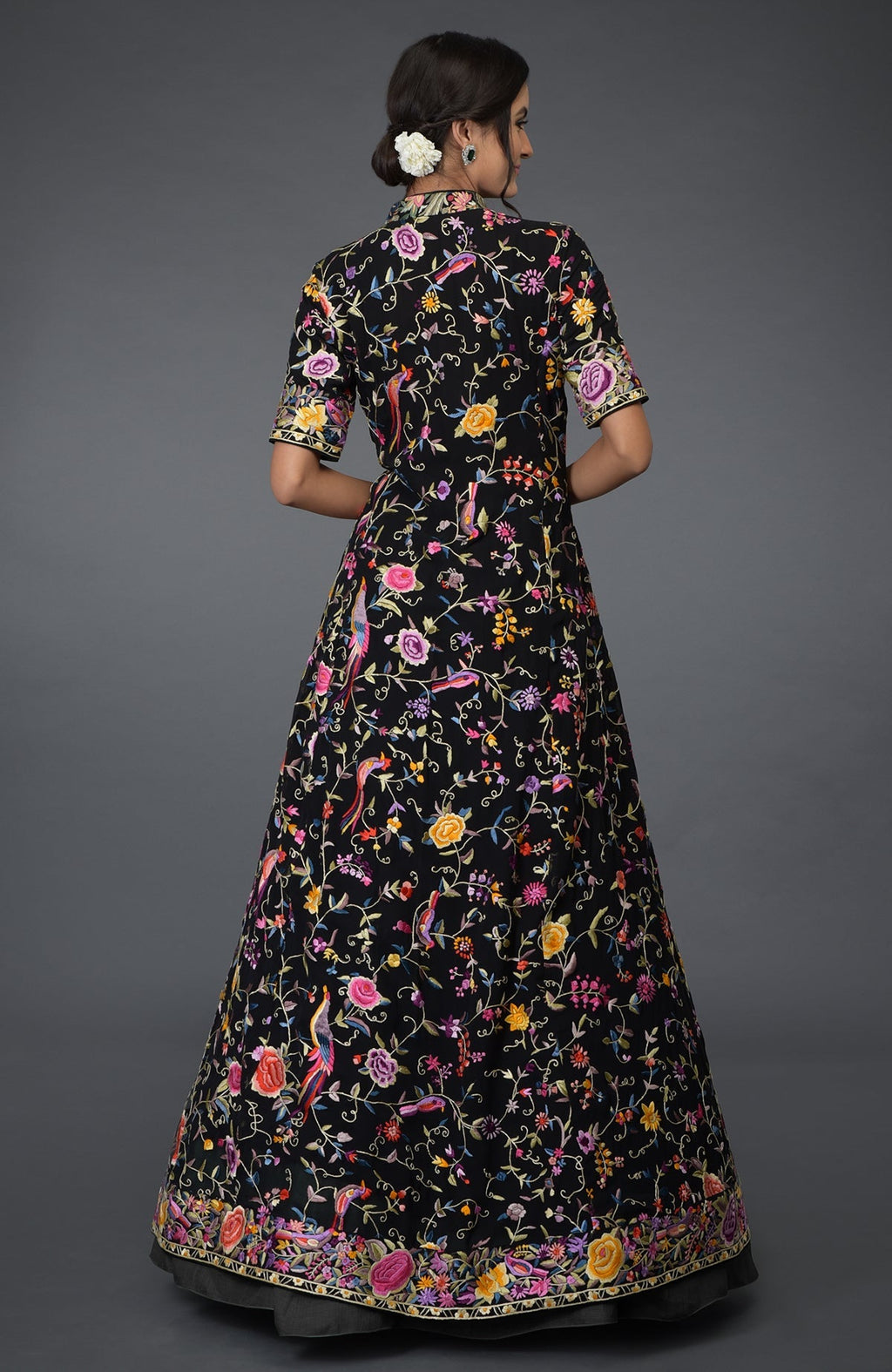 Black flared jacket with multicolor Parsi Gara embroidery paired with elephant grey skirt