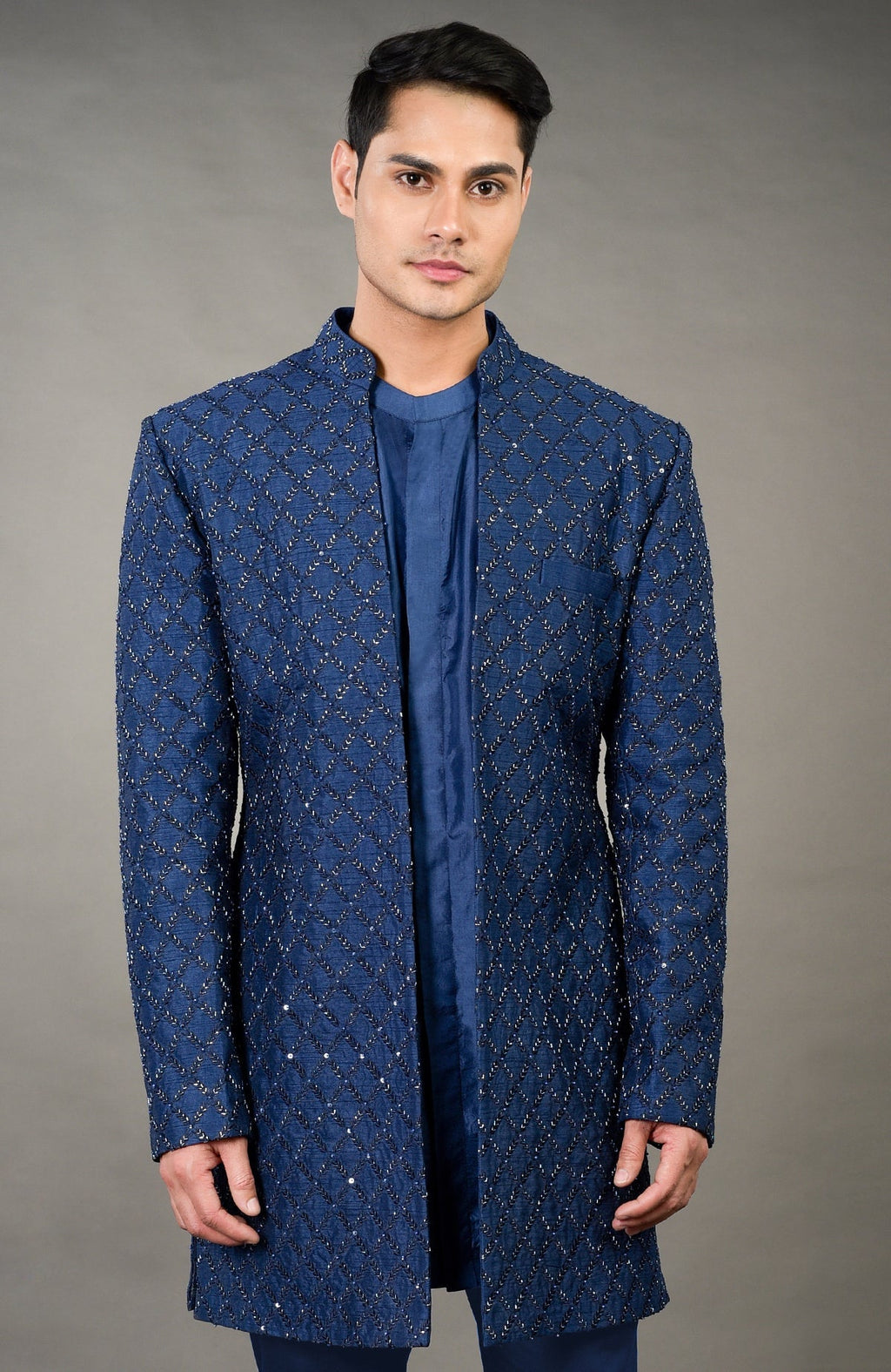 Navy blue chikankari embellished jacket set with a band collar.