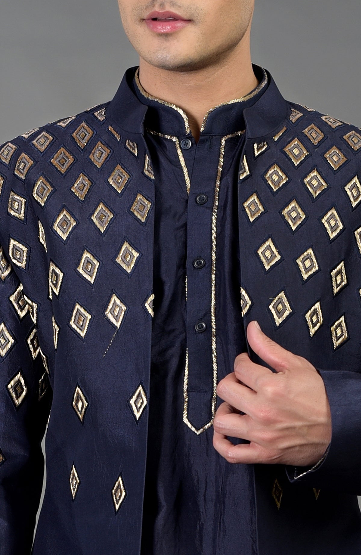 Blue jacket set with gold diamond hand embroidery.