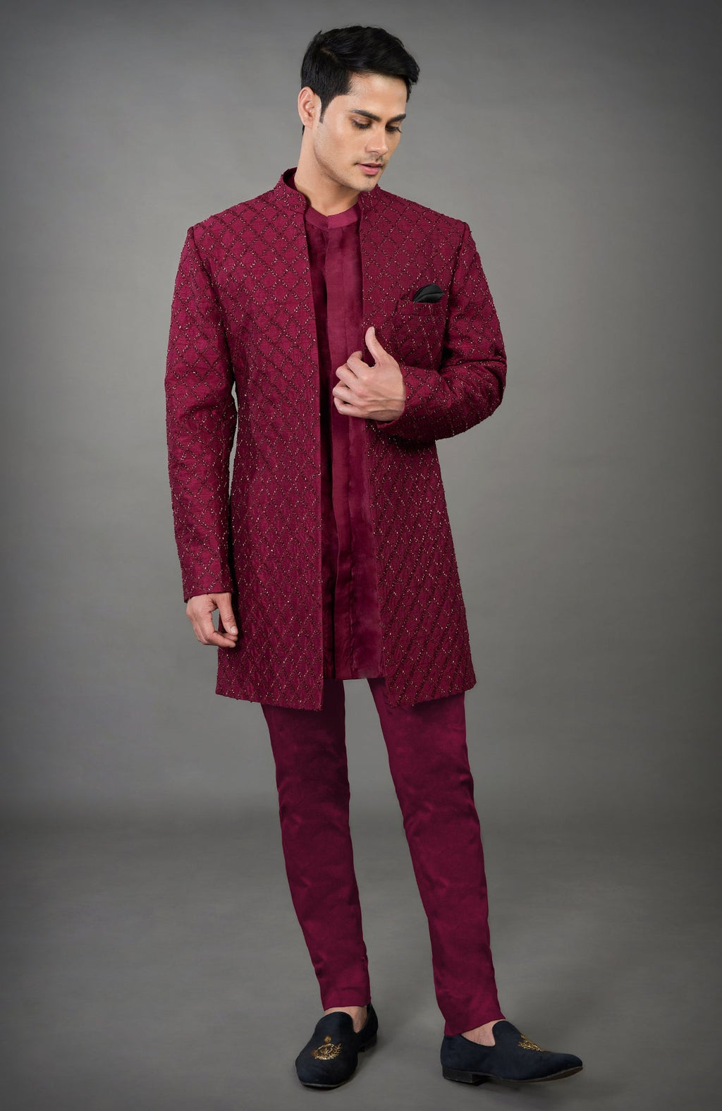 Maroon Chikankari Embellished Jacket Set with a matching kurta and pants.