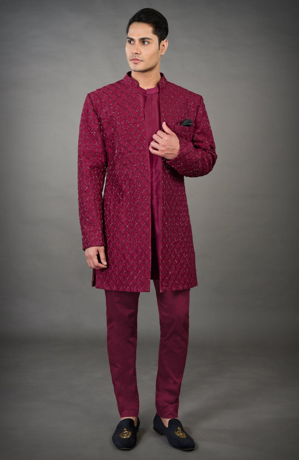 Maroon Chikankari Embellished Jacket Set with a matching kurta and pants.