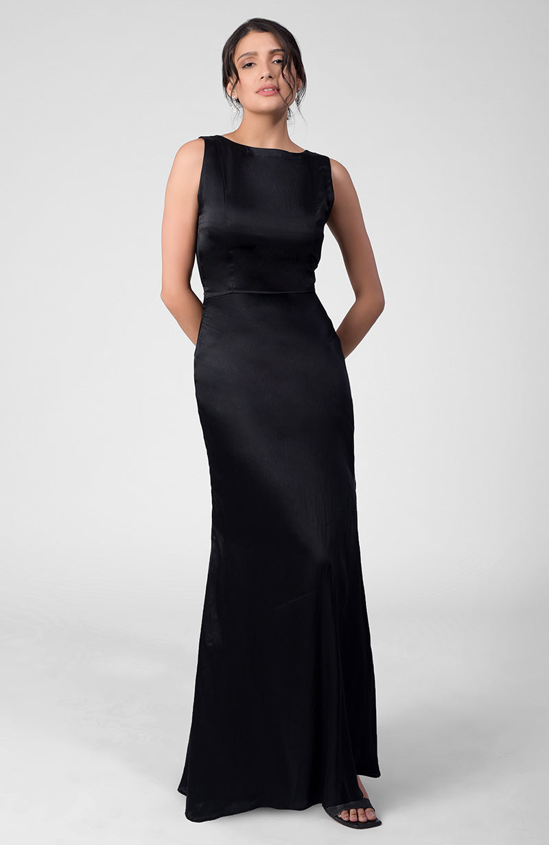 Black silk satin crepe gown with boat neckline and pleated open back detail