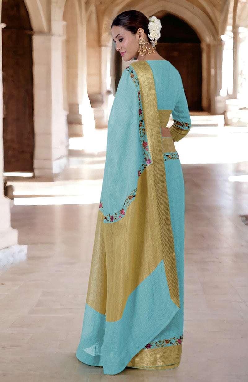 Antigua Sand Parsi Gara embroidered linen saree with a gold border.