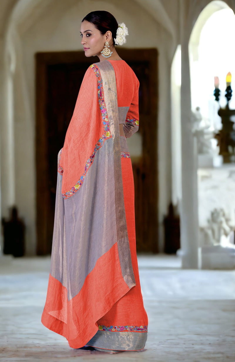 Living Coral Parsi Gara embroidered linen saree with a gray pallu.