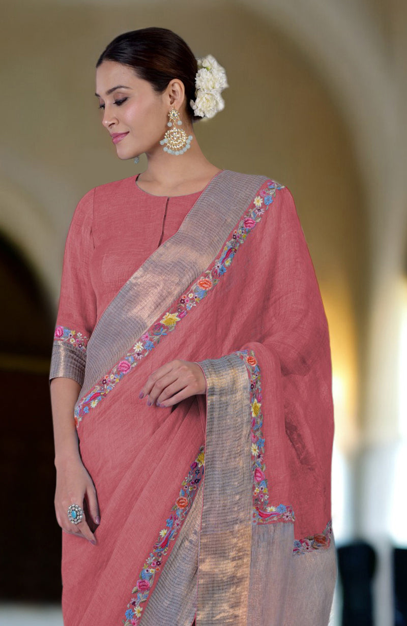 Desert Rose Parsi Gara embroidered linen saree with a matching blouse.