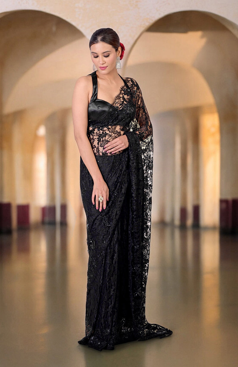 Black French Chantilly lace hand-embroidered saree with a satin blouse.