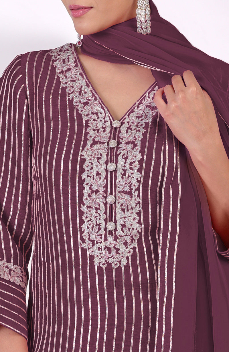 Burgundy purple silk linen suit with silver tilla embroidery and gota work.
