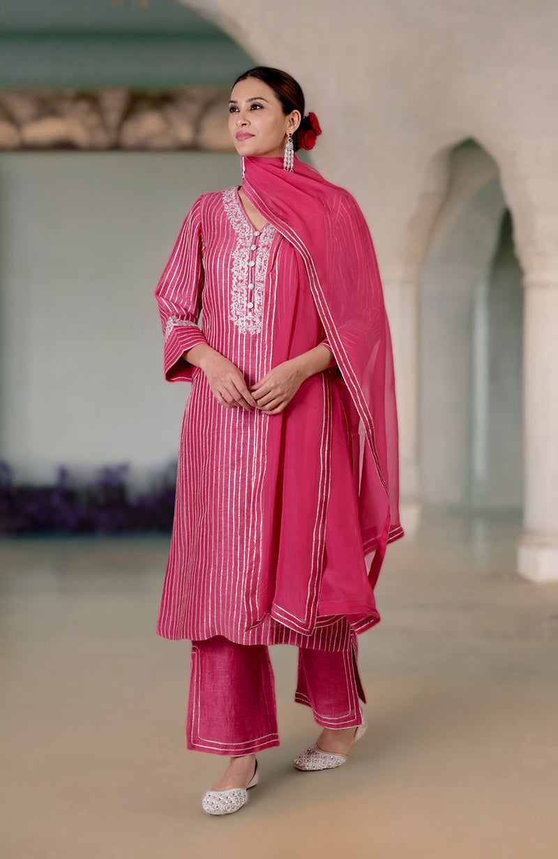 Pink Yarrow Gota & Tilla Embroidered Silk Linen Suit with matching dupatta and pants.