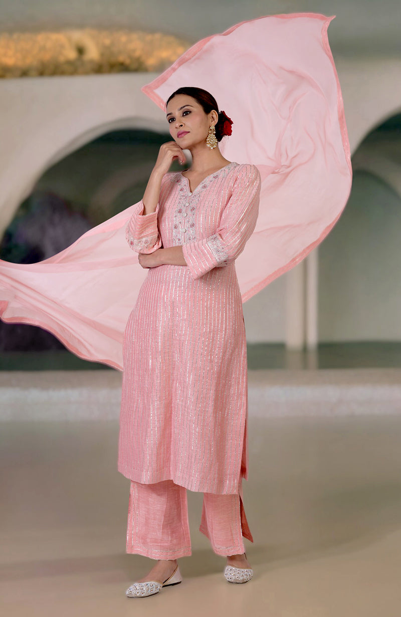Rose pink gota and zardozi embroidered kurta set with a flowing dupatta.