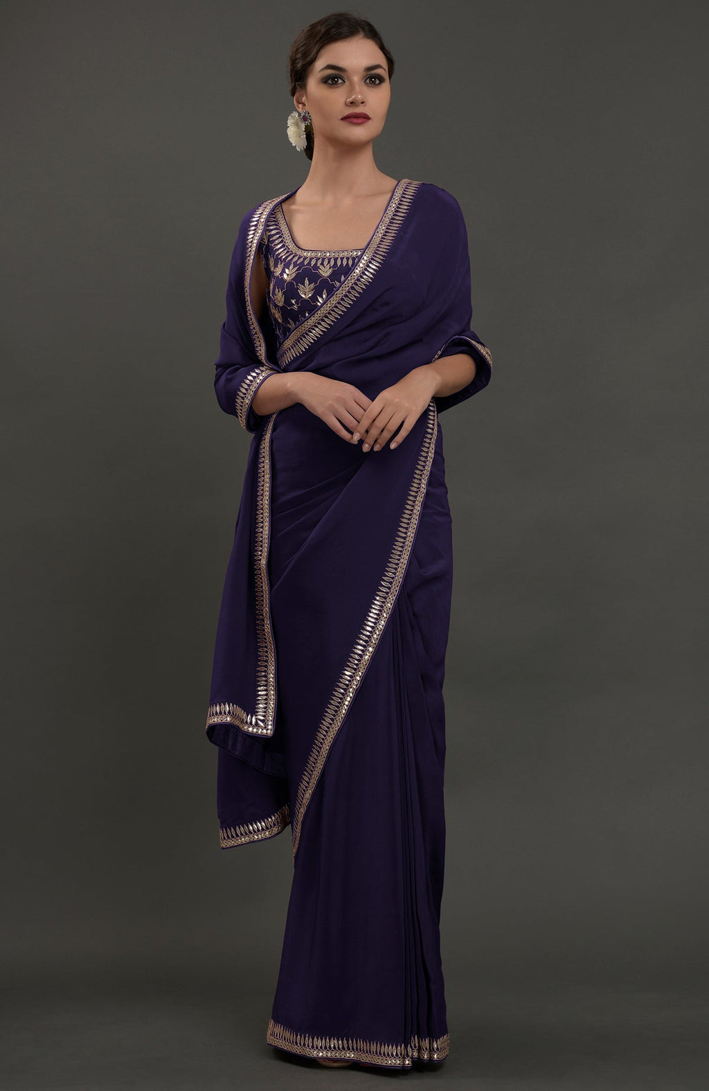 Eclipse blue embroidered gota patti saree with matching blouse.