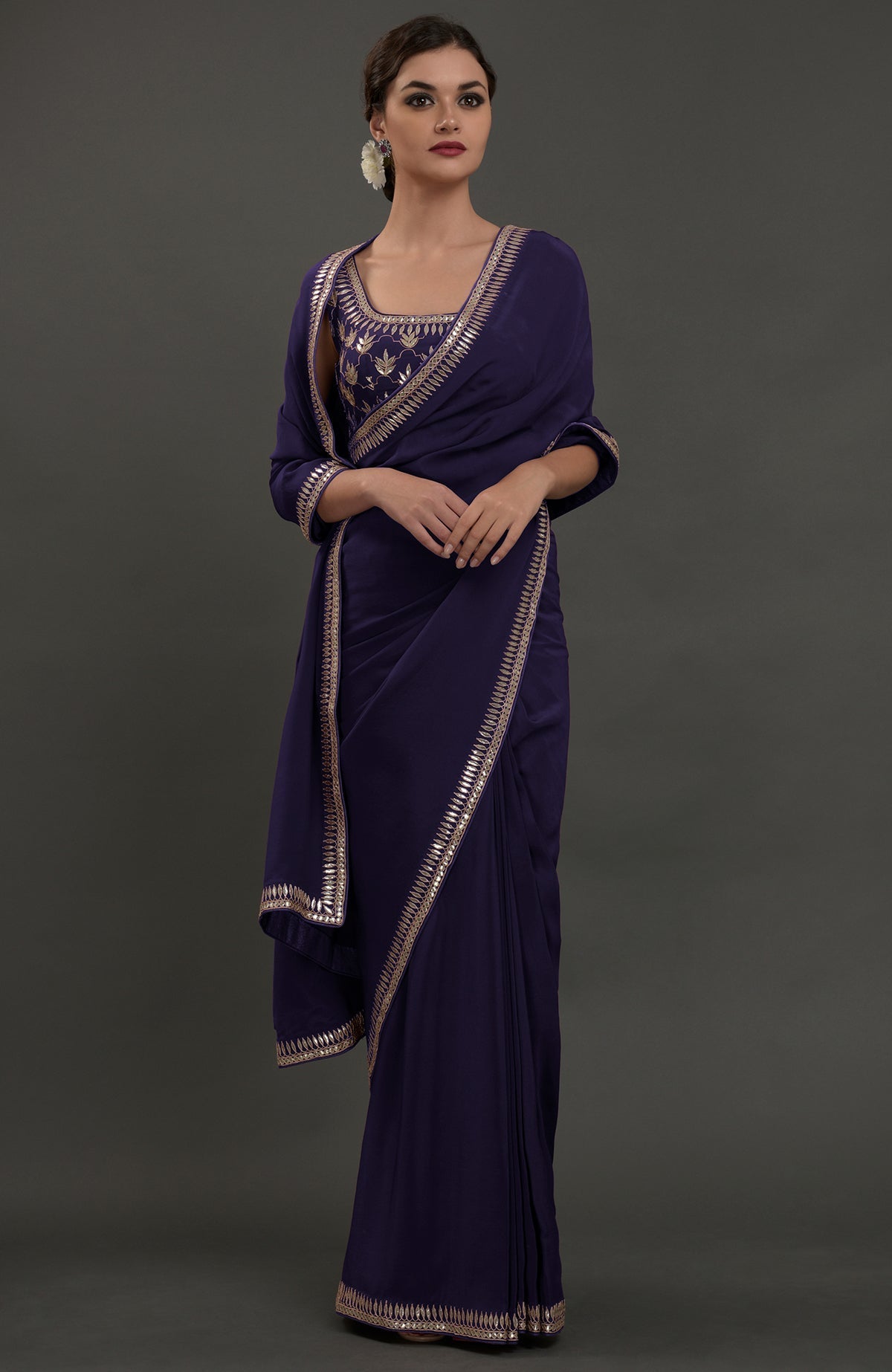 Eclipse blue embroidered gota patti saree with matching blouse.