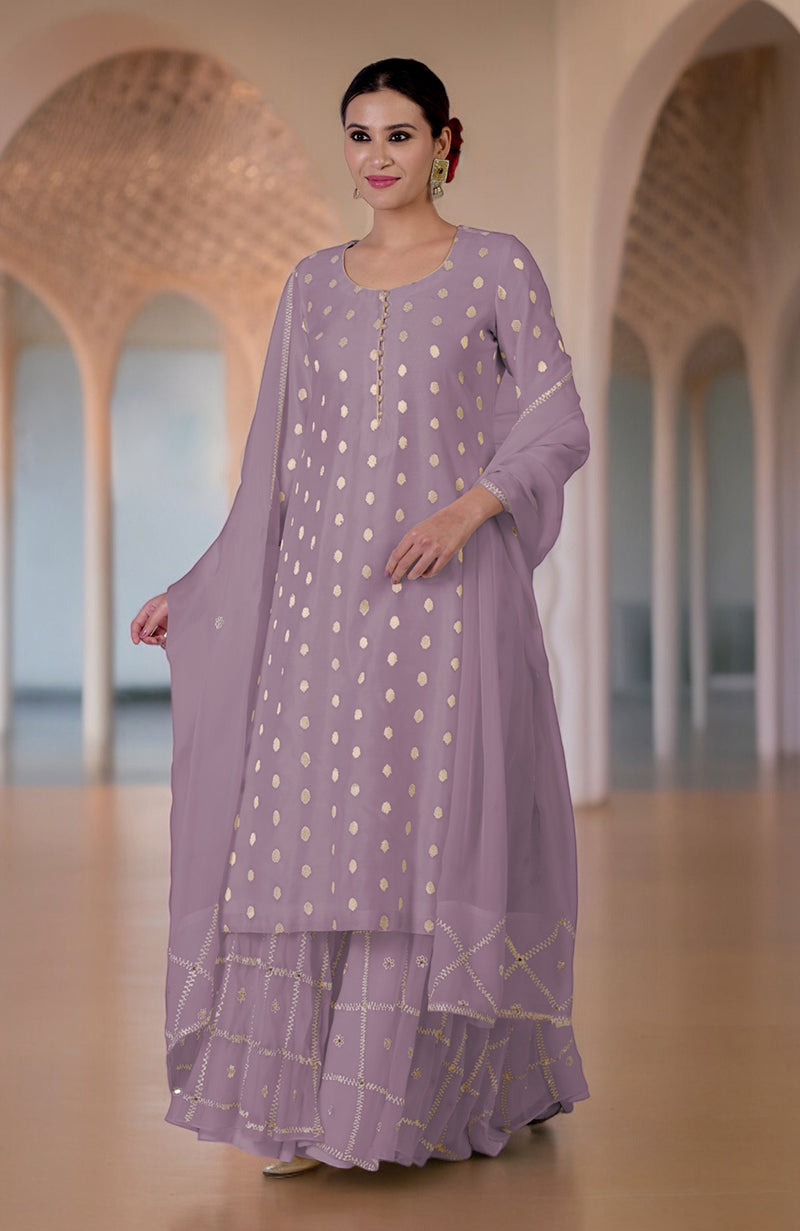 Elderberry Banarasi sharara set with gold bootah and Aari Tilla embroidery.
