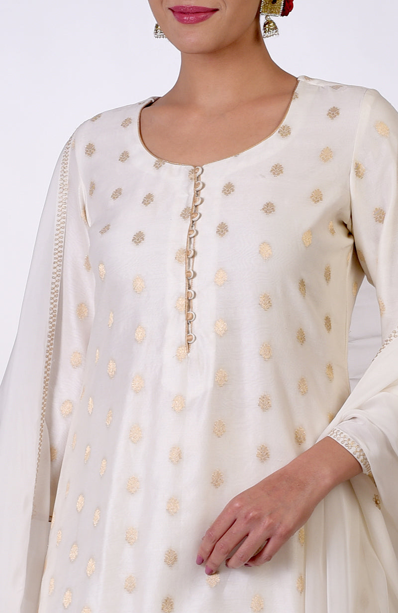 An ivory Banarasi kurta with gold bootah motifs and a potli button placket.