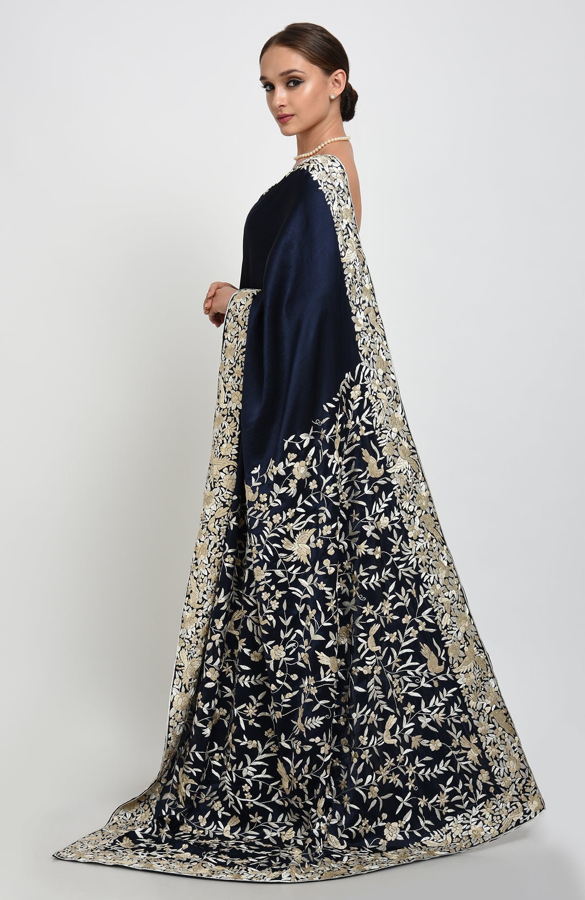 Navy blue Parsi Gara hand embroidered pure satin silk saree with beige floral-bird embroidery.
