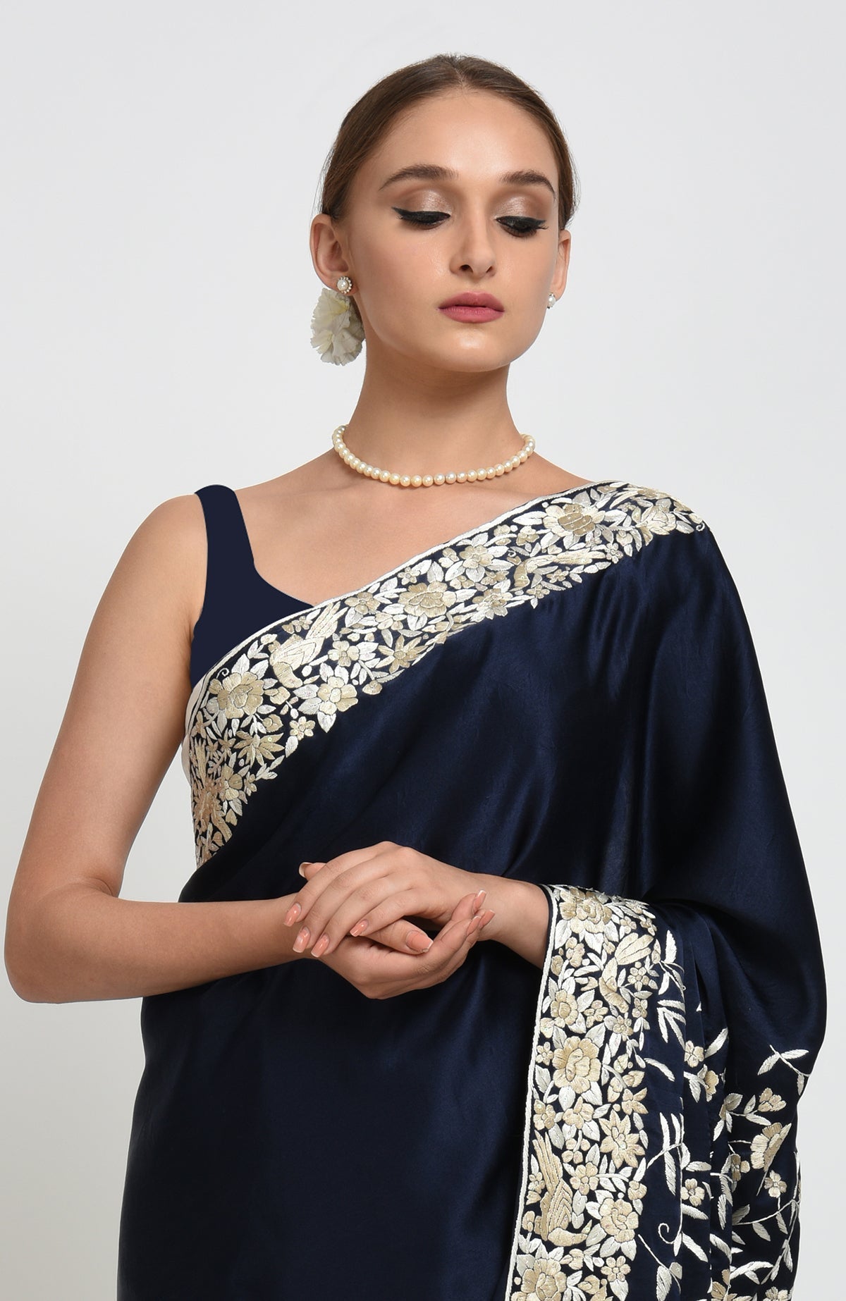 Navy Blue- Beige Parsi Gara Hand Embroidered Saree.