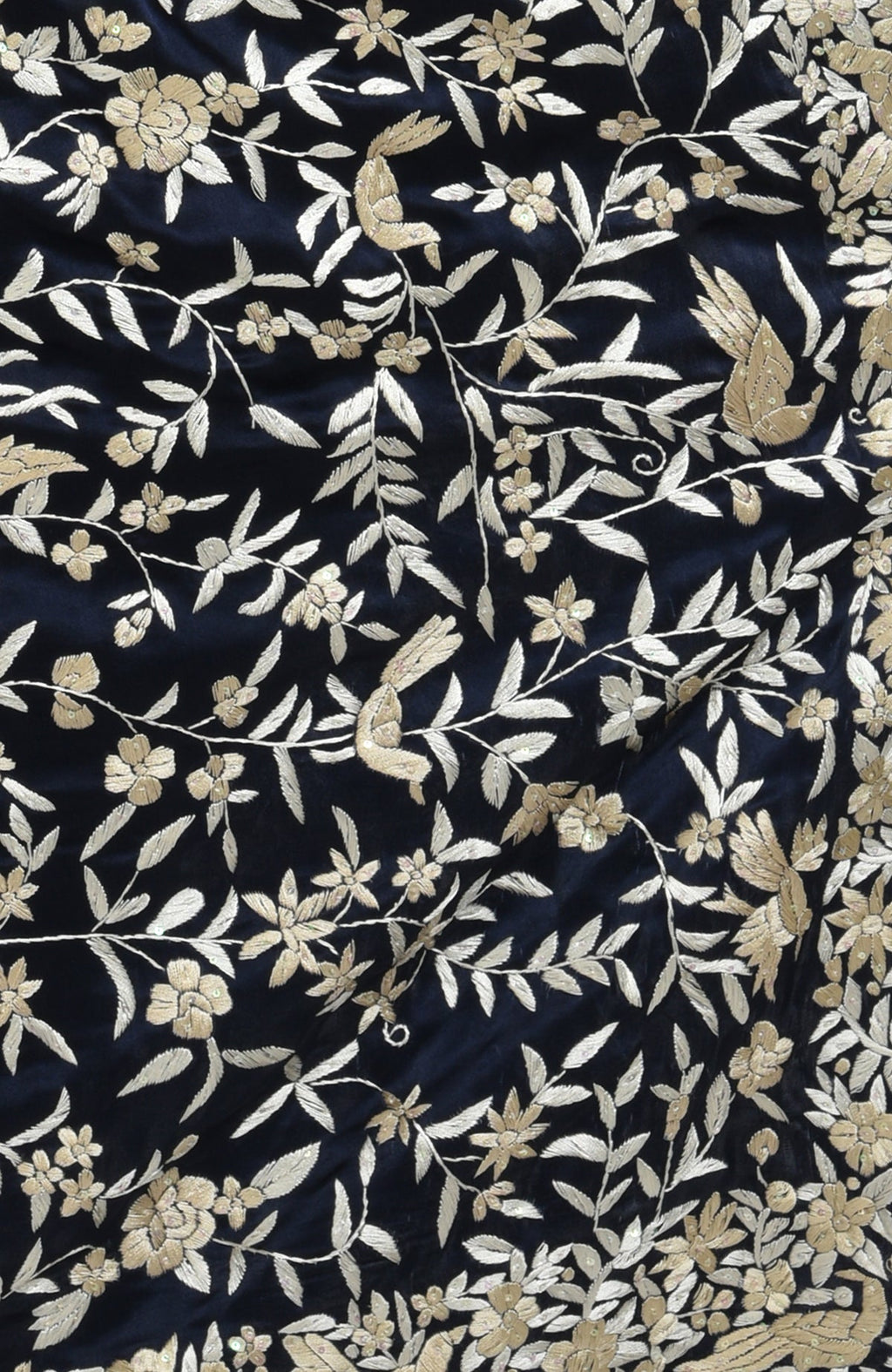 Navy blue fabric with beige floral and bird Parsi Gara hand embroidery.