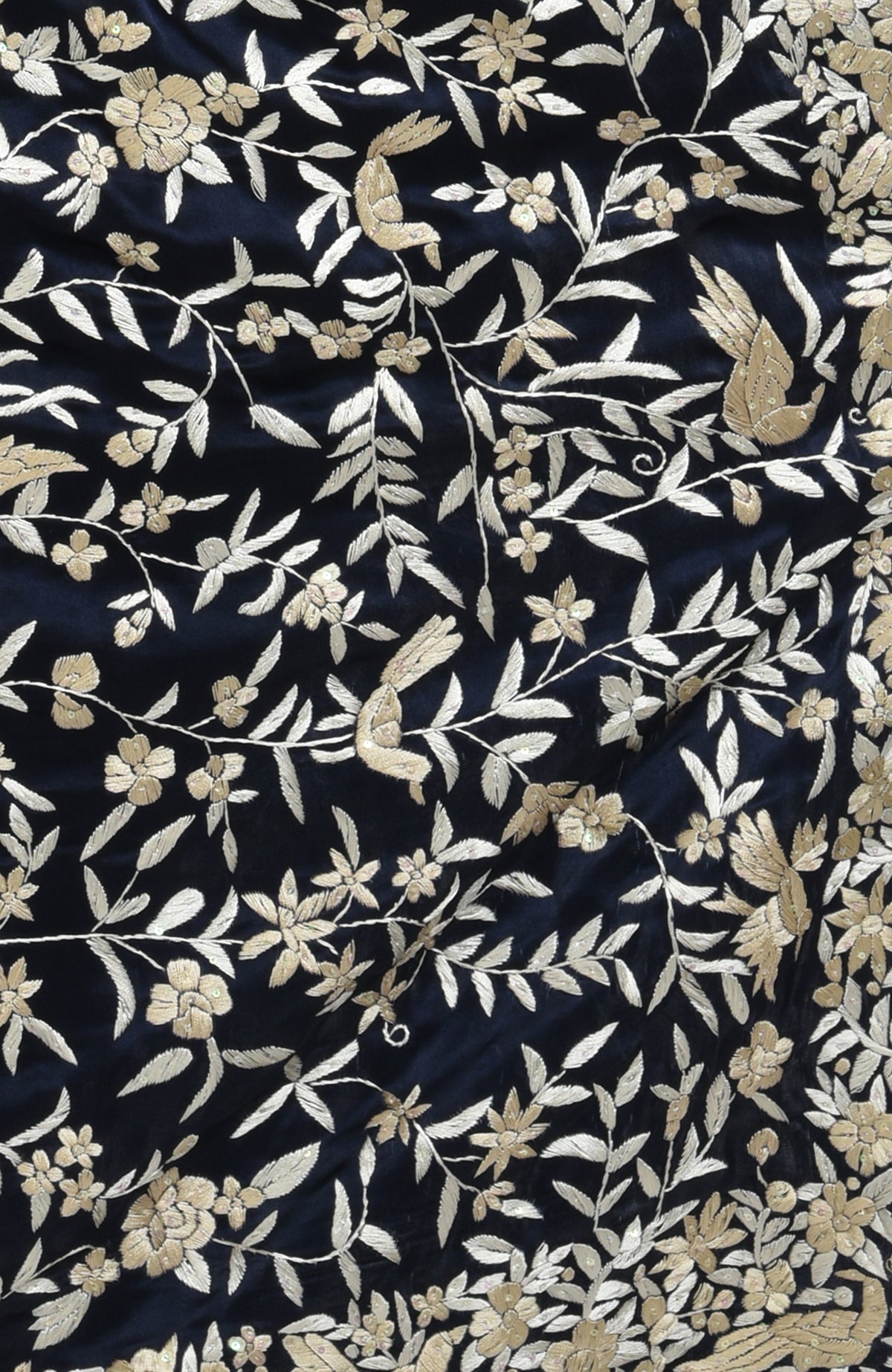 Navy blue fabric with beige floral and bird Parsi Gara hand embroidery.