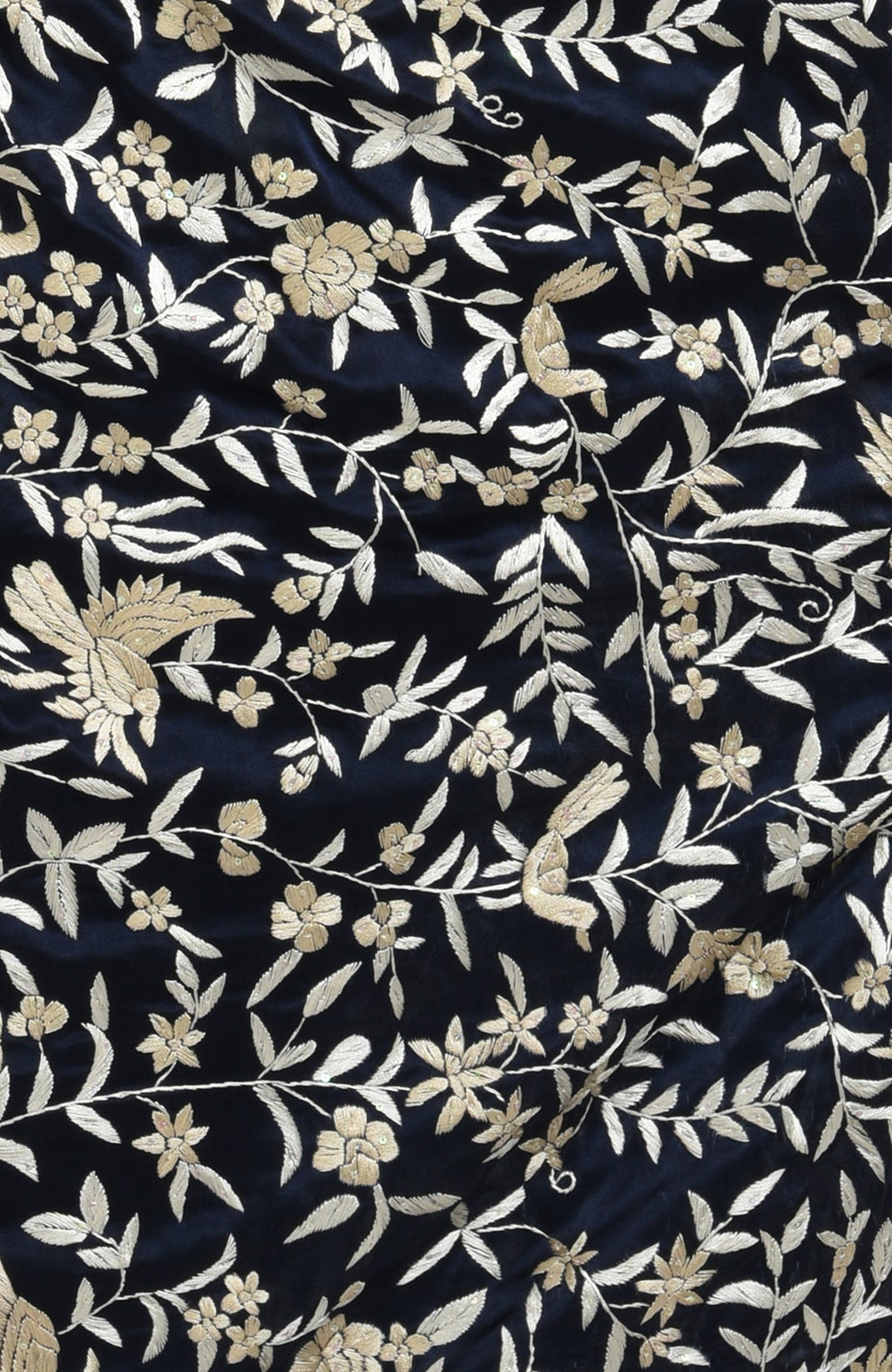 Navy blue fabric with beige floral and bird Parsi Gara hand embroidery.